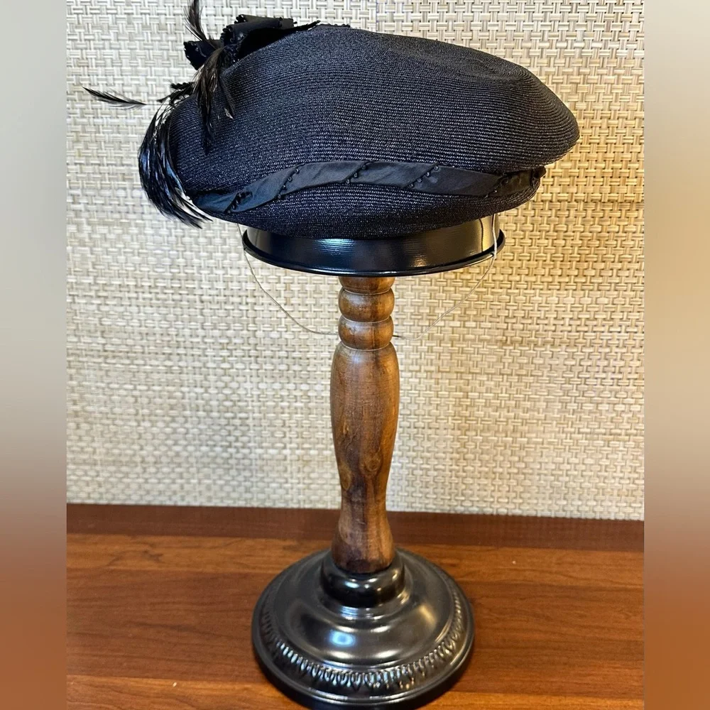 VTG 1940s The Harris Company Cellophane Straw Tilt Hat Architectural Bow & Plume - Picture 6 of 11